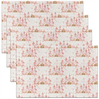 Erosebridal Cartoon Placemats 12X18 Inch Set of 4,Cute Fantasy Dreamy Castle Place Mats for Girls Child Kids,Beautiful Ribbon Floral Flowers Blossom Petals Waterproof Placemats for Kitchen Table - color: Hot Pink Brown Off White