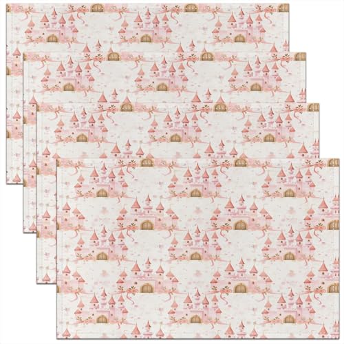 Erosebridal Cartoon Placemats 12X18 Inch Set of 4,Cute Fantasy Dreamy Castle Place Mats for Girls Child Kids,Beautiful Ribbon Floral Flowers Blossom Petals Waterproof Placemats for Kitchen Table - color: Hot Pink Brown Off White