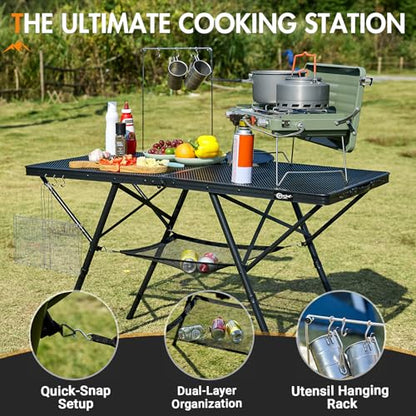 Portal Iron Mesh Folding Grill Table with 2 Adjustable Heights(15" & 29"), Heavy Duty Metal Camp Table, Heat-Resistant Tabletop for BBQ & Outdoor Cooking, One-Piece Folding Design, Dark Gray