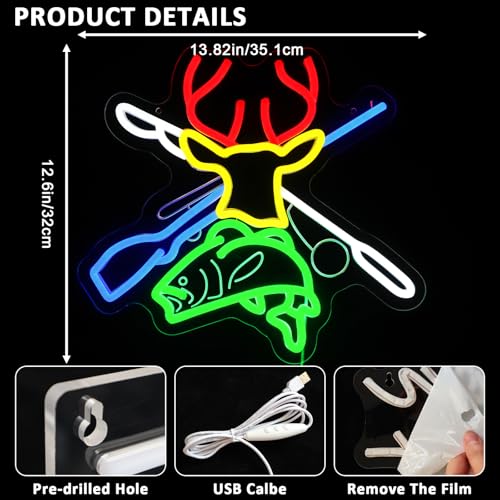 Deer Hunting Neon Sign for Wall Decor, Deer Head Led Signs for Bedroom, USB Dimmable Fish Hook Neon Lights for Man Cave Cabin Wall Accent Bar Home Pub Wildlife Hunting Wall Art - style: Deer Fish