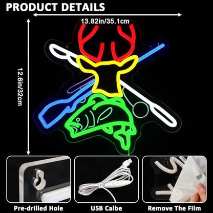Deer Hunting Neon Sign for Wall Decor, Deer Head Led Signs for Bedroom, USB Dimmable Fish Hook Neon Lights for Man Cave Cabin Wall Accent Bar Home Pub Wildlife Hunting Wall Art - style: Deer Fish