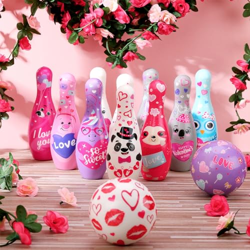 Syhood 12 Pcs Valentine‘s Day Bowling Set 10 Foam Pins and 2 Balls Valentine Game Heart Owl Animal Bowling for Valentine Holiday Party Activity Indoor Outdoor