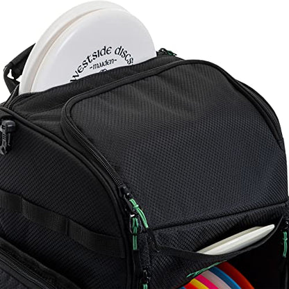 Westside Discs Noble Disc Golf Backpack | Large Frisbee Golf Bag | Main Compartment Holds up to 22 Discs | Extra Space on Sides for Accessories (Black)