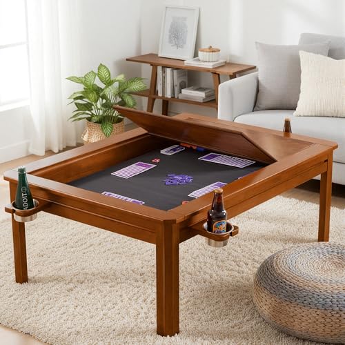 Solid Wood Board Game Coffee Table with Removable Top, 3-in-1 Gaming and Dining Table Includes Play Mat & Detachable Cup Holders, 48" L x 33" W - color: Cherry01