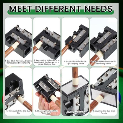 7-in-1 Pool Cue Tip Shaper, Professional Billiard Cue Tips Tool Portable Cues Repair Accessories Pool Stick Maintenance for Tip Replacement and Shaping Cues Tips