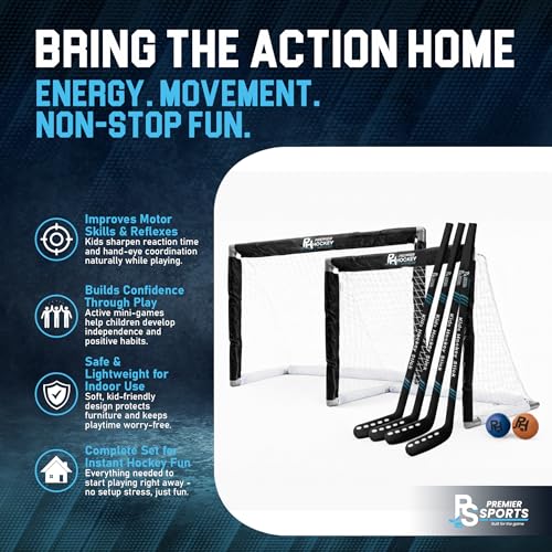 Premier Sports Kids Hockey Set – (4) Sticks, (2) Mini Goals, (1) Foam & (1) Standard Balls – Complete Beginner Set for Ages 3-9