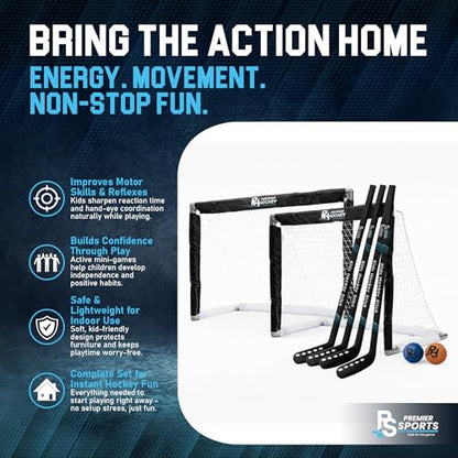 Premier Sports Kids Hockey Set – (4) Sticks, (2) Mini Goals, (1) Foam & (1) Standard Balls – Complete Beginner Set for Ages 3-9