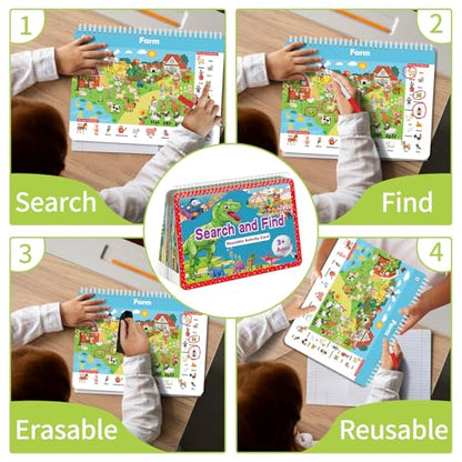 Elfew Search and Find Reusable Activity Book, Travel Toys for Toddlers 3-5, Wipe Clean Educational Toys for 3+ Year Old, Kids Airplane Car Road Trip Travel Essentials, Car Games for Kids Ages 4-8