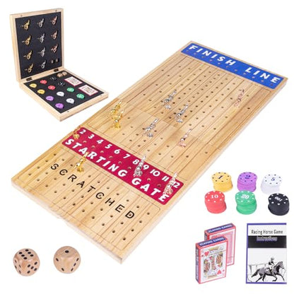 Extra Large 28 inches Foldable Horse Race Board Game for Adults,Thickened Wood Chessboard,Includes 11 Luxurious Metal Horses, 60 Chips,2 Dice,2 Boxes of Cards,Classic Wooden Table Top Board Games