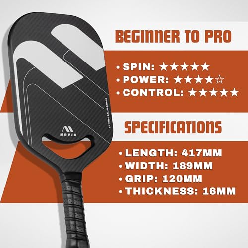 Mavix Pro Series Edgeless Carbon Fiber Pickleball Paddle – Edgeless, Elongated, T700 Raw Carbon, Thermoformed 16mm Core, Lightweight Control & Spin Paddle for Competitive Play