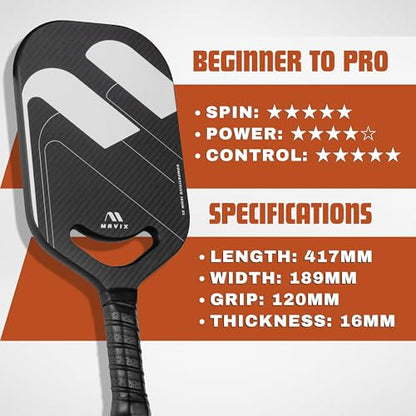 Mavix Pro Series Edgeless Carbon Fiber Pickleball Paddle – Edgeless, Elongated, T700 Raw Carbon, Thermoformed 16mm Core, Lightweight Control & Spin Paddle for Competitive Play