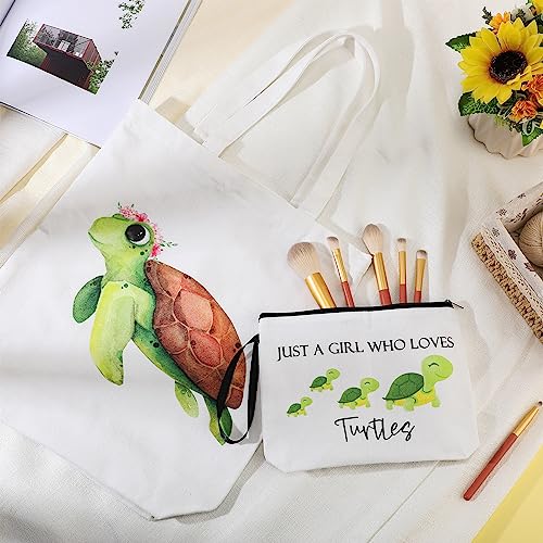 Sieral 2 Pcs Animal Lover Bag Gift for Women Travel Canvas Tote Portable Zipper Pouch Canvas Reusable Grocery Tote - style: Turtle