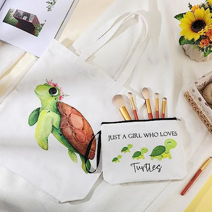 Sieral 2 Pcs Animal Lover Bag Gift for Women Travel Canvas Tote Portable Zipper Pouch Canvas Reusable Grocery Tote - style: Turtle