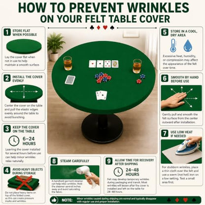 Felt Card Game Table Cover for Playing Cards Poker, Mahjong, Domino, Bridge and Board Game, Elastic Fitted Tablecloth for 58 to 64 Inch Round Tables- Green