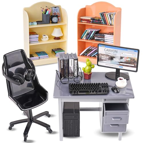 1:12 Scale Doll House Mini Computer Office Desk Furniture Accessories Set | Accessories for dollhouse: storage cabinets, books, desk lamps, eyeglasses, headsets, cell phones and game controllers