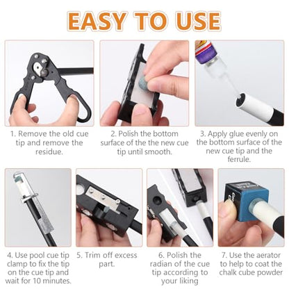 22pcs Pool Cue Repair Kit: 11 in 1 Pool Cue Tips Repair Tool 2 Pool Cue Tip Clamps 10 Billiard Cue Tips 4 Ferrules 2 Chalk Cubes 1 Pool Cue Tip Scissor