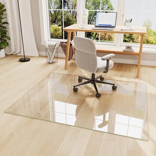 46"x55" Tempered Glass Chair mat for Carpet, Office Chair Mat with Round Corner, Desk Chair Mat for Carpet/Hardwood Floor/Rolling Chair-with 6 Anti-Slip Pads - size: 46x55