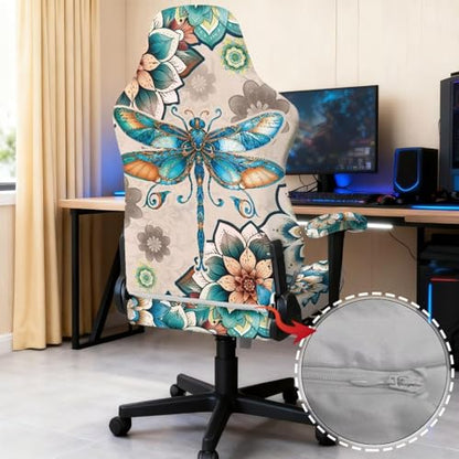 Dragonfly Print Gaming Chair Covers with Armrest Covers Boho Flower Print Computer & Gaming Chair Slipcover Universal Fit Office Desk & Racing Computer Gamer Chairs - color: Brown and Green - Dragonfly Boho Flower