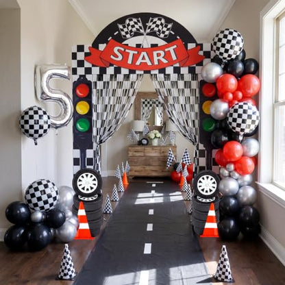 Peryiter 88 Pcs Race Car Party Decorations Set Checkered Start Backdrop Banner Black White Checker Foil Fringe Curtain Balloon Arch Kit, Racing Supplies for Birthday Car Show Kart Theme Games - style: Race Car