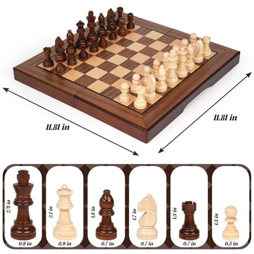 2 in 1 Magnetic Wooden Chess and Checkers Board Game Set, 12" Folding Chess Boards, Portable Travel Chess Sets with Pieces Storage Slots, Beginner Chess Game Set for Kids and Adults