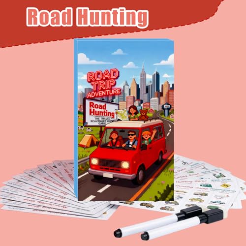 Road Hunting Game Travel Activity Set for Kids | Educational Learning Cards, Dry Erase Marker Included, Car Games