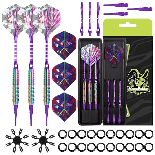 Darts Plastic Tip 3pcs with Extra Accessories, Professional Soft Tip Dart for Electronic Dart Board | Multi-section knurled non-slip grip+Complete replacement accessories included+Iridescent rainbow electroplated barrel