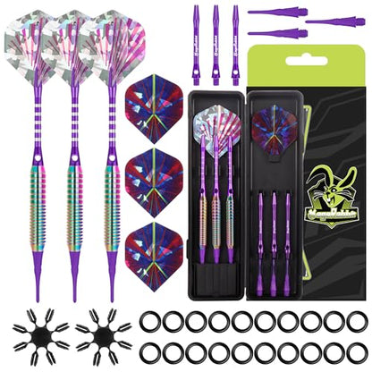 Darts Plastic Tip 3pcs with Extra Accessories, Professional Soft Tip Dart for Electronic Dart Board | Multi-section knurled non-slip grip+Complete replacement accessories included+Iridescent rainbow electroplated barrel