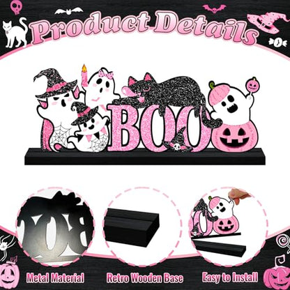Halloween Decorations for Home Pink Ghosts Metal Sign, Cute Ghosts Black Cat Table Decor Rustic Farmhouse Halloween Tiered Tray Decor Metal Word Sign Tabletop Centerpiece for Home Mantel Shelf Desk - style: Pink Ghosts