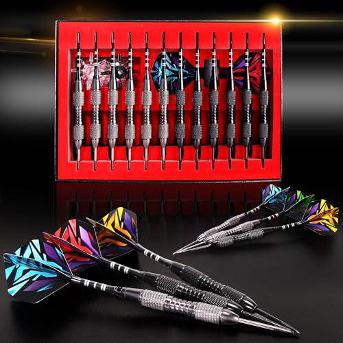 WINSDART Steel Tip Darts 12 Pack Set with Nonslip Iron Barrel Aluminum Dart Shafts and Flights Darts Sharpener an Gift Box - color: Black-Darts-J