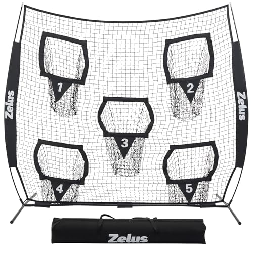 ZELUS Football Throwing Net, Quarterback Training Equipment with 5 Target Pockets, Football Practice Throwing Passing Accuracy Trainer with Carry Bag Ground Stakes for Kids Adults - color: Black, size: 8×8