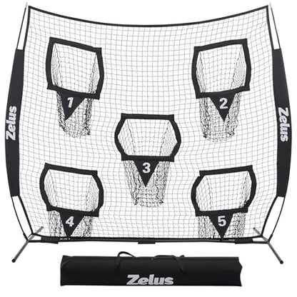 ZELUS Football Throwing Net, Quarterback Training Equipment with 5 Target Pockets, Football Practice Throwing Passing Accuracy Trainer with Carry Bag Ground Stakes for Kids Adults - color: Black, size: 8×8