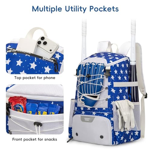 KAVIGOR Baseball Bag for Youth and Adult, Softball Backpack 40L Large Capacity, Bat Backpack with Shoes Compartment and Hidden Helmet Holder - color: White & Blue