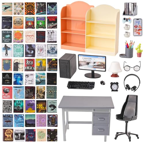1:12 Scale Doll House Mini Computer Office Desk Furniture Accessories Set | Accessories for dollhouse: storage cabinets, books, desk lamps, eyeglasses, headsets, cell phones and game controllers