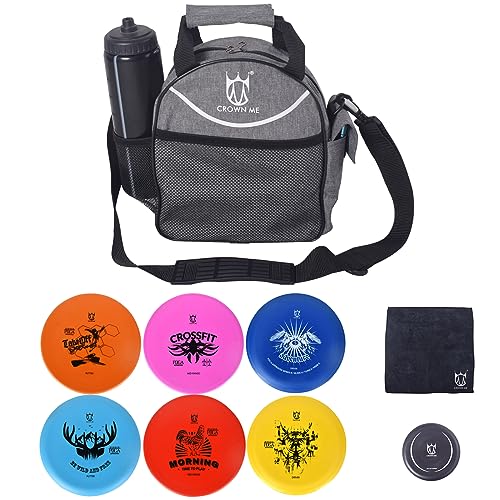 CROWN ME Disc Golf Set with 6 Discs and Mini Disc and Starter Disc Golf Bag - color: Grey