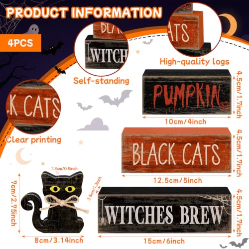 Lineshading 4 Pcs Halloween Table Decoration Black Cat Wooden Stacked Block, "Pumpkin Black Cats Witches Brew" Signs Spooky Halloween Tiered Tray Decor Rustic Gothic Centerpiece for Home Coffee Bar - style: Black Cat