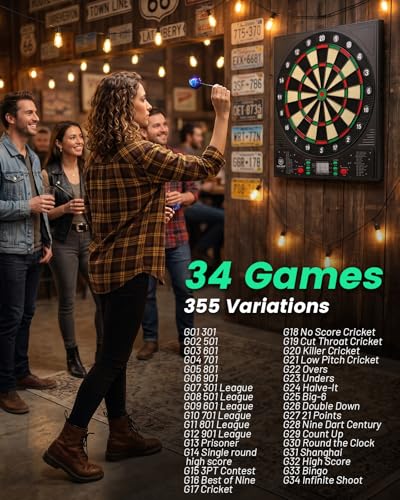 WIN.MAX Electronic Dart Board, Soft Tip Digital Dartboard for Adults, 34 Games 355 Variants Auto Scoring, 12 Darts 100 Tips, Adapter/Batteries, LCD Display Wall Mount for Home Bar Party Game Room
