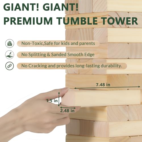 ApudArmis Giant Tumble Tower Stack to Over 5.2Ft, 60 PCS Pine Wooden Stacking Timber Tower,Classic Block Giant Outdoor Indoor Game for Adults, Fun Game at Backyard, Lawn, Party with Family & Friends - color: Burlywood