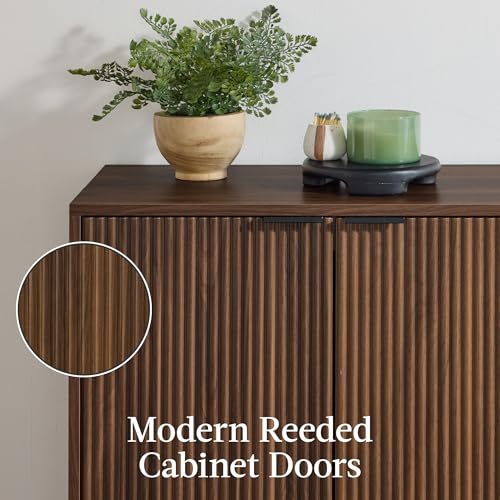 Best Choice Products 55" Modern 4-Door Sideboard Storage Cabinet, Buffet, Media Cabinet, Cupboard, Entryway Accent Table, Bookcase w/Reed Panels and Adjustable Shelves – Walnut - color: Walnut