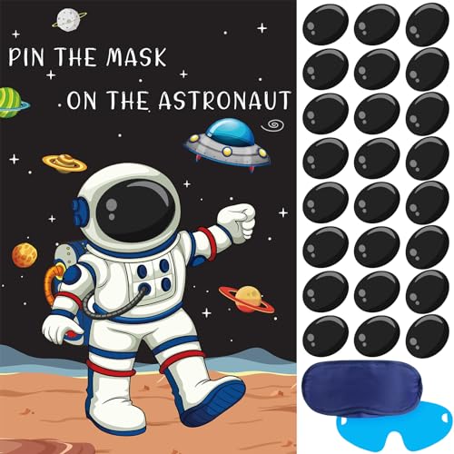Hooqict Pin The Mask on The Astronaut Space Party Games for Kids Birthday Game Astronaut Solar System Outer Space Themed Party Decorations, Large Poster with 24 Mask Stickers - style: Astronaut