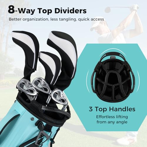ULTIMATE Golf Stand Bag, 8-Way Golf Bag with 5 Pockets, Rain Hood, Detachable Dual Shoulder Strap, Lumbar Pad, Handles, Portable Golf Club Bag for Men & Women - color: Blue