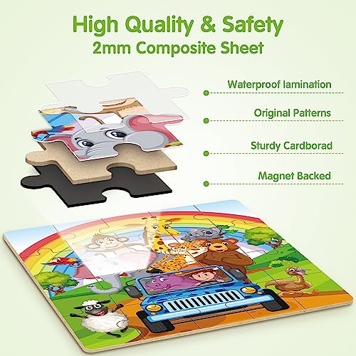 SYNARRY Magnetic Puzzles for Kids Ages 3-5, 20 Pieces Toddler Animal Puzzles for Kids Ages 4-6, Easter Basket Stuffers Gifts for Kids, Car Airplane Road Trip Activities Magnet Games Toy for Boys Girls - style: Animal