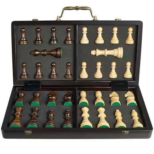 18.5" Wooden Chess Set with Handle,Chess Sets for Adults Kids Portable Folding Board Games with 4.5" King 2 Extra Queens,Handmade Weighted Large Pieces with Storage Slots