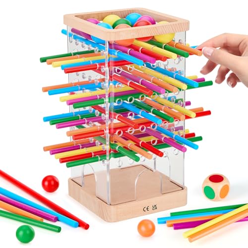 Montessori Wooden Board Games, 48 Colorful Sticks Dice Game with 12 Balls, Family Game for Kids and Adults, Math Educational Toys for 3 4 5 6 Years Old, Fine Motor Skills Toy Gifts for Boys and Girls