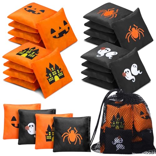 21 Pcs Cornhole Bean Bags for Halloween with Black Mesh Drawstring Bag 2 x 2 Inch Haunted House Ghosts Spiders Pumpkins Small Orange Black Beanbags for Toss Party Toy Halloween Throwing Games - color: Halloween