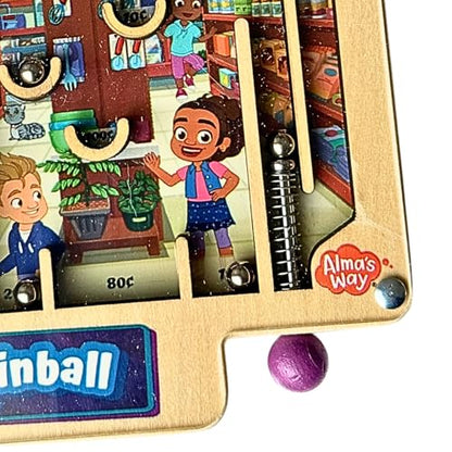 Upbounders® Alma’s Way™ Bodega Wooden Pinball – Pocket-Size Wooden Travel Pinball Toy for Kids 3+ – Neighborhood Shop Pretend Play