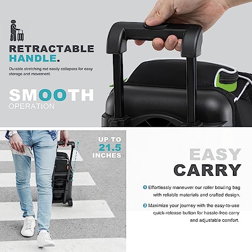 GoHimal Double Roller Bowling Bag, Shoe Compartment, Upgraded Fabric | Fits US men's size 15 shoes,multi pockets,retractable handle extends to 40",smooth-rolling wheels,lightweight design - color: Black-Green