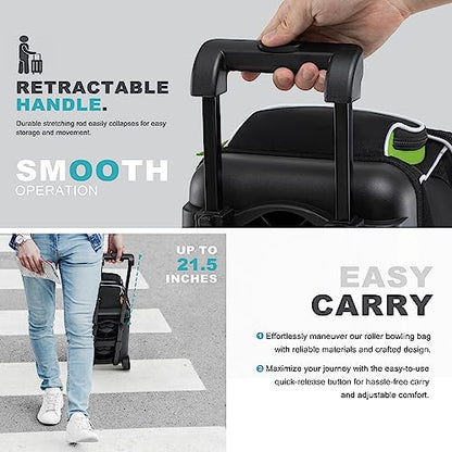 GoHimal Double Roller Bowling Bag, Shoe Compartment, Upgraded Fabric | Fits US men's size 15 shoes,multi pockets,retractable handle extends to 40",smooth-rolling wheels,lightweight design - color: Black-Green