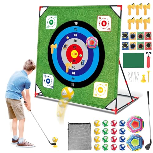 Golf Chipping Game, Battle Game for Kids & Adults, Giant 54”x54” Golf Target Mat with 16 Sticky Balls, 8 Bean Bag, 6 Axe & 2 Soccer, Perfect for Family Fun, Lawn, Poolside, Backyard Party