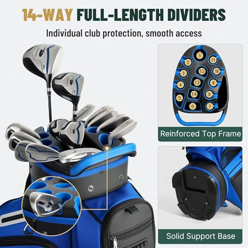 uniHimal Golf Cart Bag with 14-Way Full-Length Dividers, Golf Bag for Men Women with Magnetic Leather Pocket, Handles and Rain Cover, Lightweight Golf Club Bag Includes Cooler Pockets - color: Blue