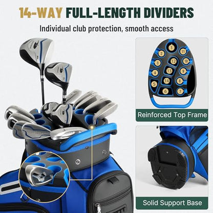 uniHimal T-Lock Golf Cart Bag with Quiet 14-Way Full-Length Divider Top | Golf Bag for Men with Magnetic Pocket, Cooler Pocket, Handle and Rain Cover - color: Blue